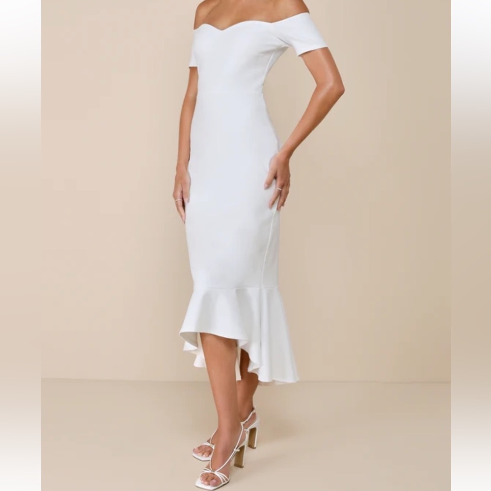 Lulus How Much I Care Ivory Off-the-Shoulder Midi Dress size S NWT - Picture 3 of 13